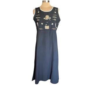 New Directions Black Linen Blend Sleeveless Midi Dress Embroidered Design MEDIUM